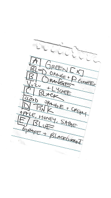 Handwritten notepad listing early Clean Calm flavour codes
