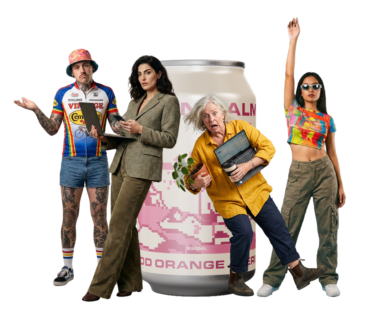Four diverse people posed in front of a large CLEAN CALM Blood Orange can