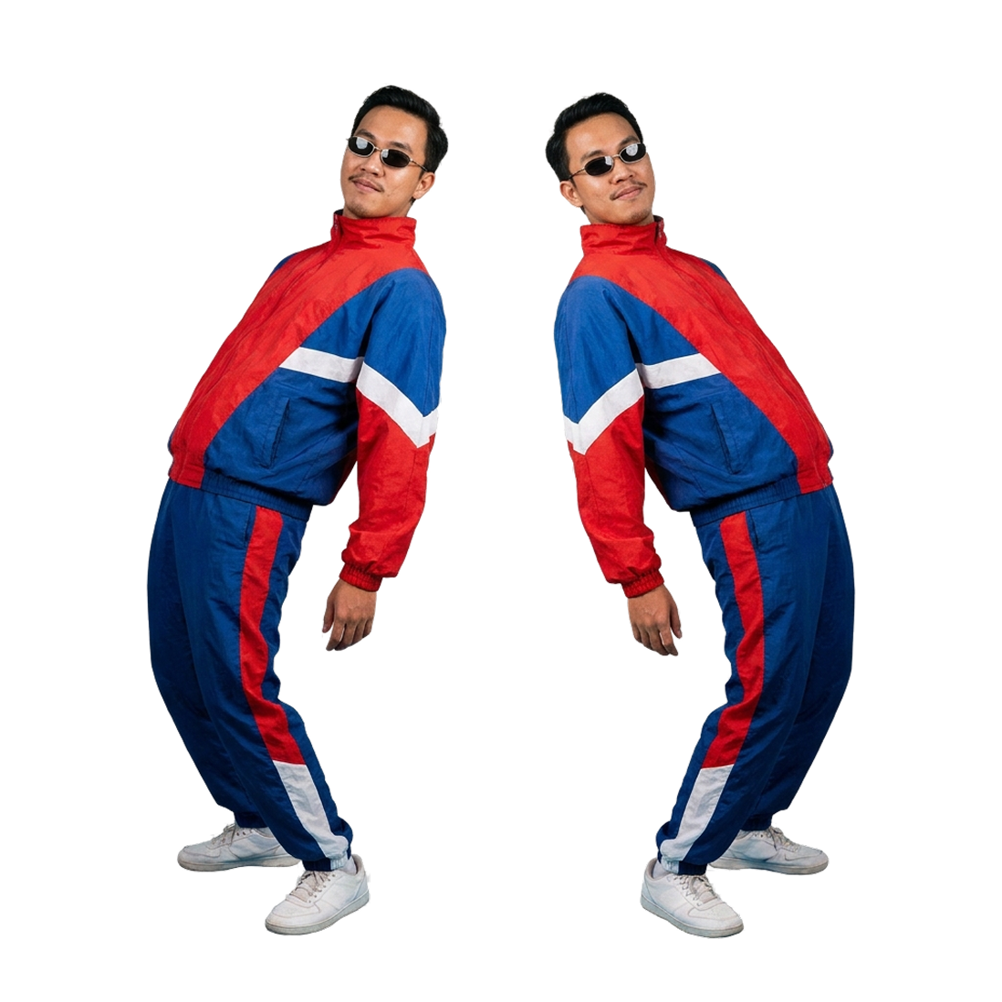Two mirrored cutouts of a man in a red, white and blue vintage shell tracksuit and oval sunglasses